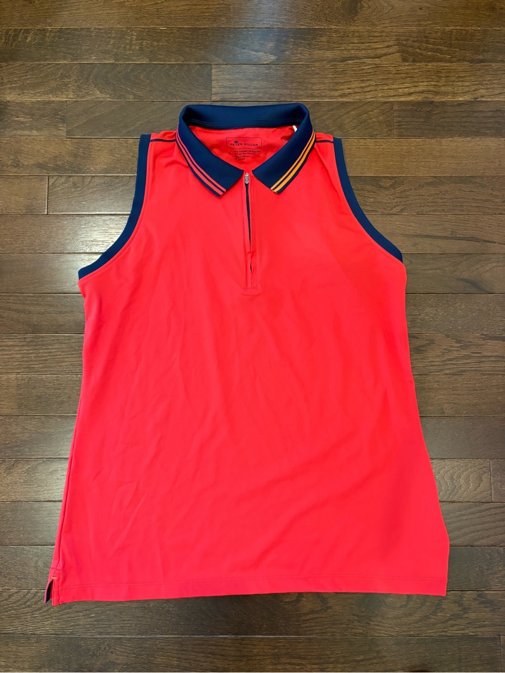 Peter Millar Womens Sleeveless Golf Polo Top Cinnabar Red Orange Navy UPF 50 L